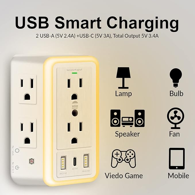 WBM Smart Multi Plug Outlet, Surge Protector, 6-Outlet Extender with 2 USB Charging Ports, USB-C and Night Light, 3-Sided Power Strip with Adapter Spaced Outlets - White
