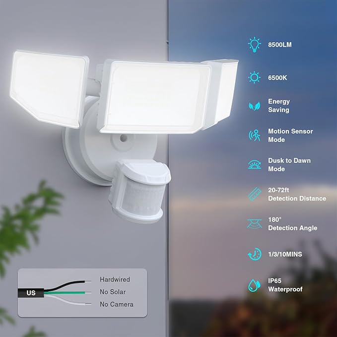 Abovizo 85W LED Security Lights Motion Sensor Light Outdoor, 8500LM Dusk to Dawn, IP65 Waterproof, 6500K, 3 Head Motion Detected Flood Light, Floodlight for Outside, Garage, Yard, Porch (White)