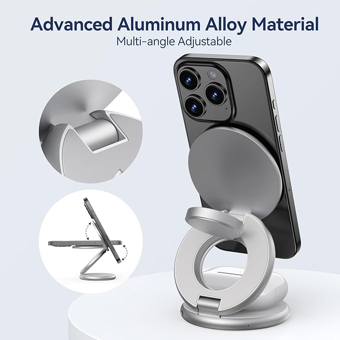 KU XIU X63 3 in 1 Charging Station for Apple, Aluminum Alloy Foldable Magnetic Wireless Charger, Travel Charger for iPhone 16/15/14/13/12 Series, Apple Watch& AirPods(with 20W Adapter)-Silver