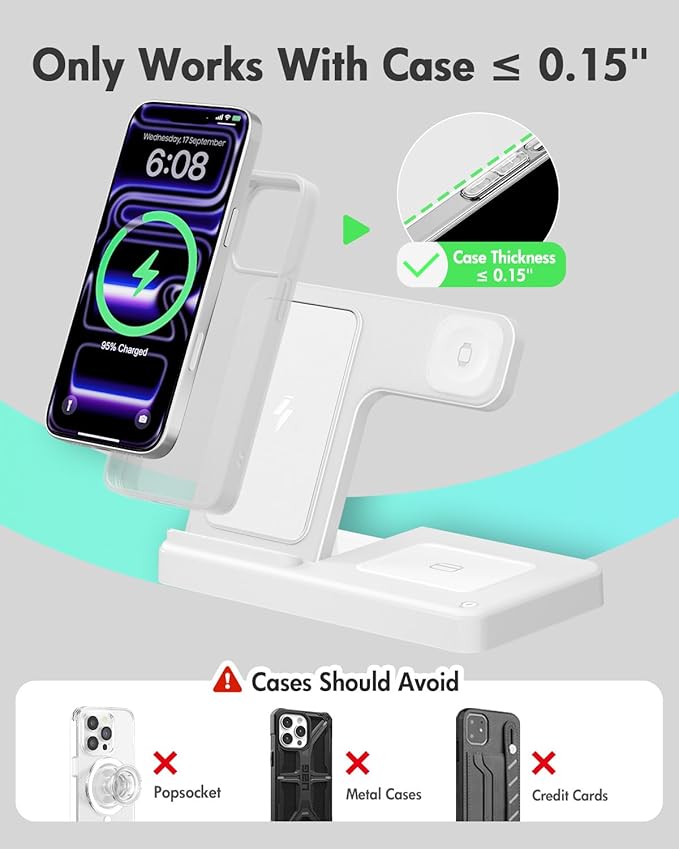 Wireless Charger Stand Charging Station: 3 in 1 Charger Stand Multiple Devices for Apple - iPhone 17 16e 16 15 14 Pro Max 13 12 - Watch 11 10 9 8 7 6 5 4 3 2 SE and Ultra Series-Airpods 4 3 Pro, White