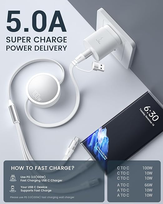 CAFELE Retractable Charging Cable, 100W USB C Fast Charger Cable 3 in 1 with [30-130cm] Adjustable Length, Multi-Port Cord for Laptop, Phone, Car, Travel - PD3.1/QC5.0（White）