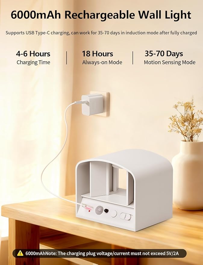 Motion Sensor Wall Lights, Wireless Rechargeable Wall Sconce with Remote Control, 10-100% Dimmable 2700-6500K, Adjustable Beam Angle, 3 Modes, 5000mAh White Wall Lamp for Bedroom, Hallway, 2-Pack