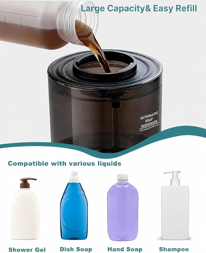 Automatic Soap Dispenser Touchless, 4-Level Adjustable Liquid Soap Dispenser, 13.5oz/400ml USB Rechargeable, IPX5 Waterproof, Countertop or Wall Mount, for Kitchen Bathroom, Black