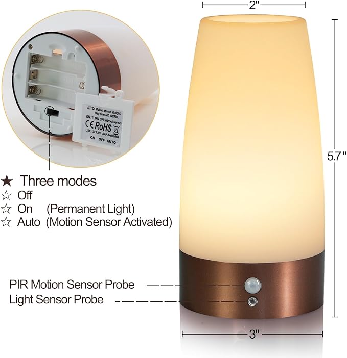 Betus Motion Sensor Night Light, Battery Operated Lamp with 2 Sensored Modes - Retro Bedside Table Desk Lamp with Soft Ambient Light for Bedroom, Living Room, Kitchen Kids Room