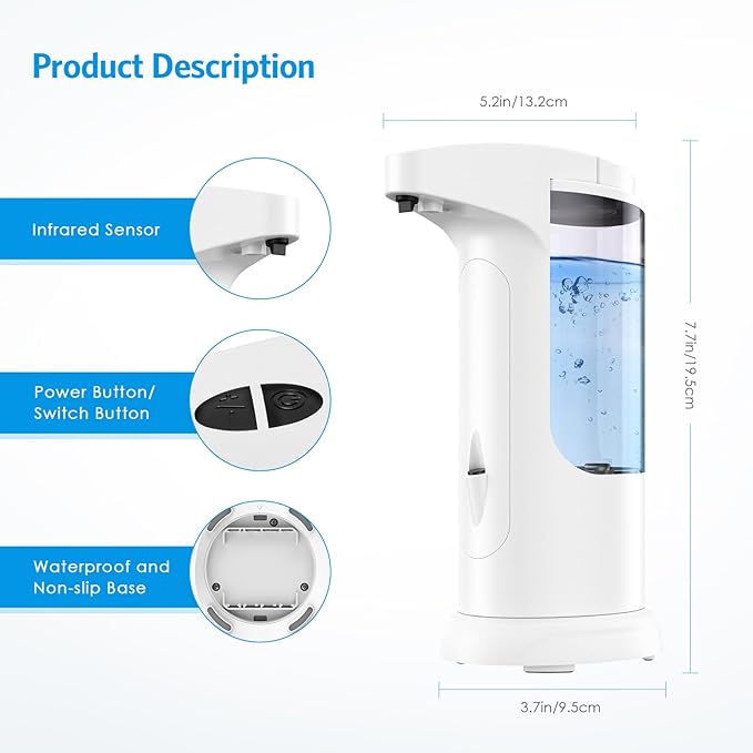 AMIR 12.5oz Touchless Automatic Soap Dispenser, Battery Operated Automatic Liquid Hand Soap Dispenser, Adjustable Volume, Water-Resistant for Kitchen and Bathroom