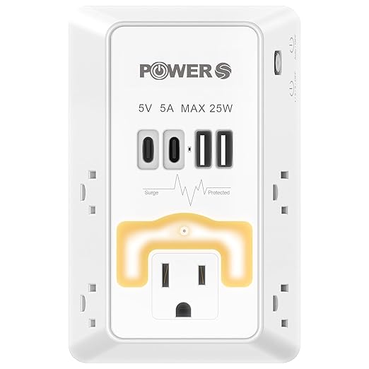 Snug Multi Plug Wall Outlet with USB Ports (2C2A), Wall Outlet with Night Light, Surge Protector, Wall Plug Adapter for Multiple Devices, Wall Socket Expander
