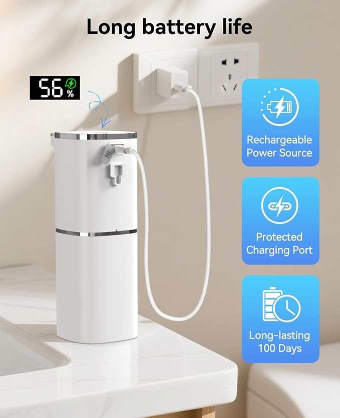 Luxspire Automatic Foaming Soap Dispenser, Touchless Foam Soap Dispenser, Rechargeabled 9 Adjustable Levels & IPX5 Waterproof Wall Mounted 420ml Soap Container for Bathroom, Kitchen and Hotel, White