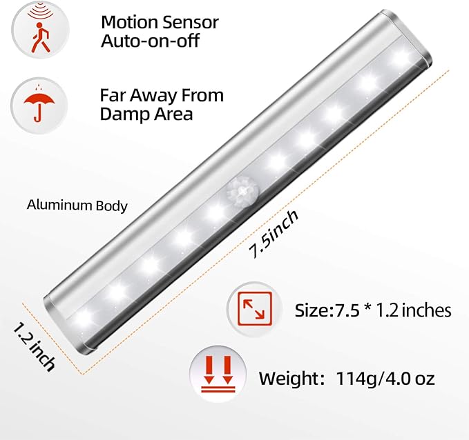 6 Pack Motion Sensor Lights, 10 LED Closet Battery Operated Lights, Stick-On Anywhere Magnetic Night Light Bar, Led Safe Light Indoor for Closet Stairs Wardrobe Under Cabinet