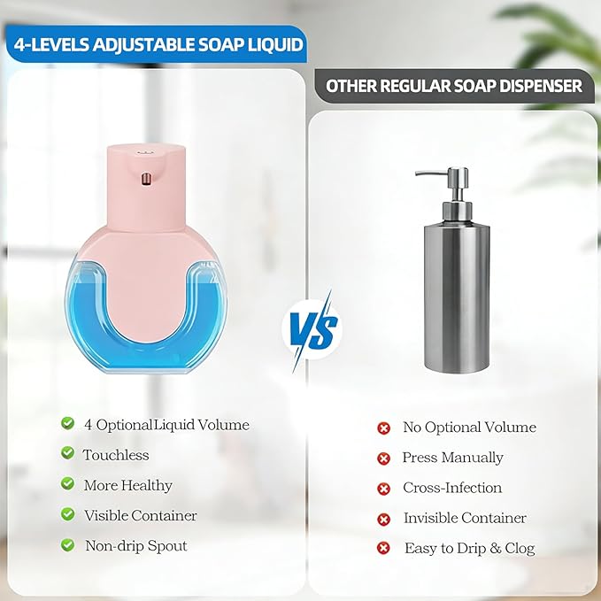 2Pack Automatic Soap Dispenser Touchless, Rechargeable Liquid Soap Dispenser,15oz/420ml Smart Hand Soap Dispensers,4-Level Adjustable,Wall Mount for Bathroom Kitchen Dish Soap,Hands-Free(Pink)