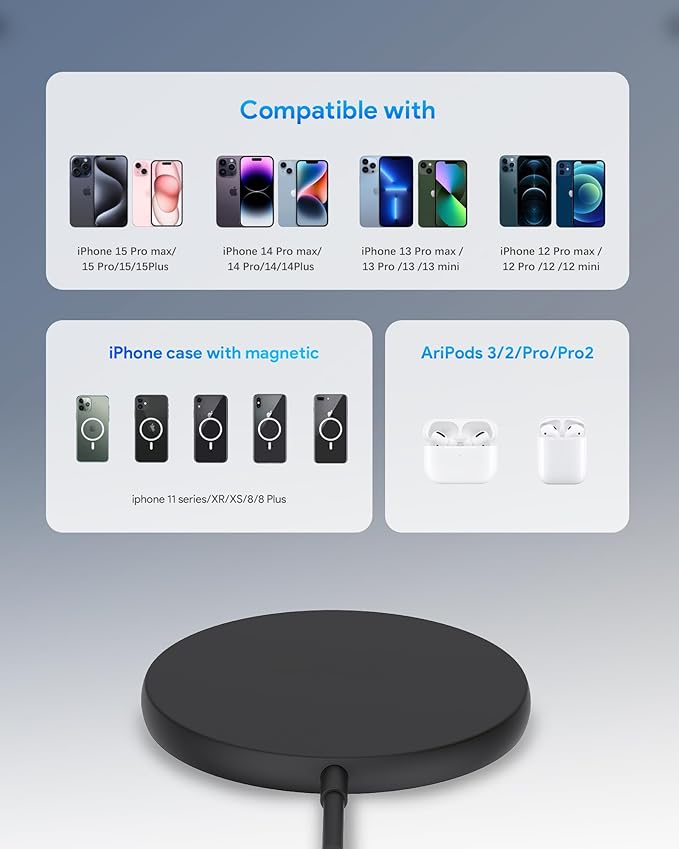 Magnetic Wireless Charger for iPhone, Fast Charging pad for MagSafe Compatible with iPhone 17/16/15 Pro/Pro Max/Plus/14/13 & AirPods 3/2/Pro