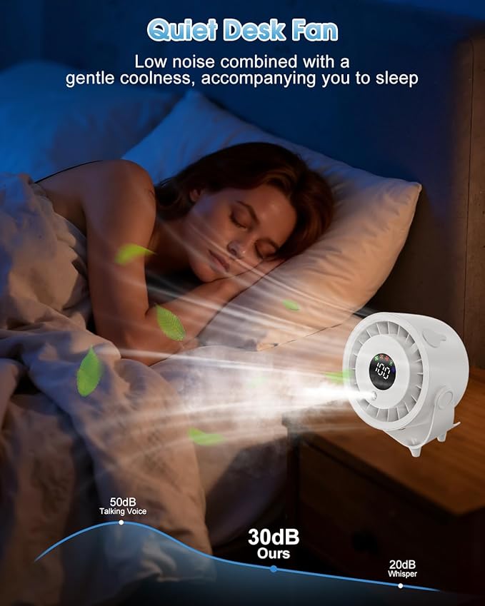 Ouddy Mode Small Desk Fan, 4000mAh Portable Misting Fan Quiet Table Fans with LED Display, Wall-Mouted Design USB Rechargeable Desktop Fans for Bedroom Travel Office Home Kitchen Outdoor White