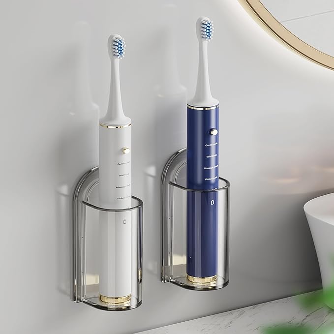 MOPMS Electric Toothbrush Holders Wall Mounted, Single Slot Toothbrush Holders for Bathrooms, Self Adhesive Electric Toothbrush Organizer Space Saver (2Pcs Grey)