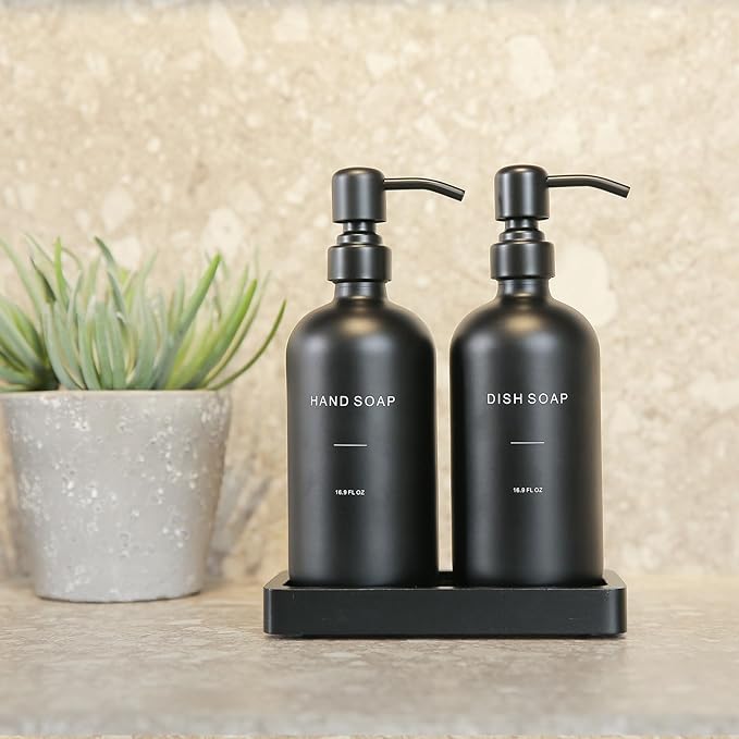 Prus Waso Matte Black Soap Dispenser Set, Kitchen Soap Dispenser Set with Black Stainless Steel Pump, Perfect for Kitchen Decor and Accessories. (Black)
