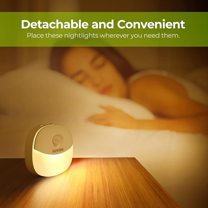 AUVON Rechargeable Battery Night Light, Mini with Motion Sensor, Warm White LED Stick-On Closet Light with Dusk to Dawn Sensor, Adjustable Brightness for Wall, Stairs, Hallway, Cabinet (2 Pack)