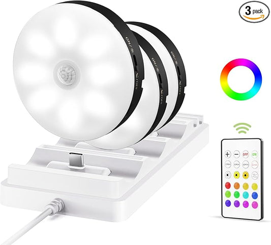 EZVALO Under Cabinet Lighting with Charging Station, 1000mAh Rechargeable Puck Lights with Remote, 3 Color Temps & 12 RGB Closet Lights, Dimmable Motion Sensor Lights for Shelf, Kitchen (3 Packs)