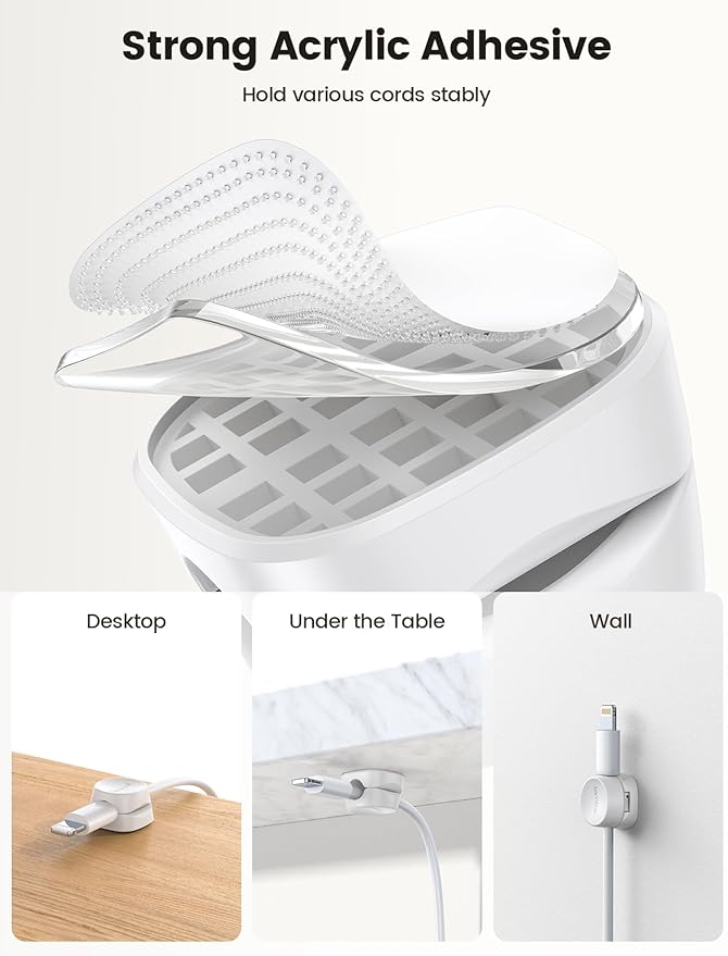 Lamicall 8 Pack Cord Organizer, [1s Lock] Spring Cable Management Clips - Adhesive Phone Cord Holder Clips for Nightstand Desk Car Office Home College Dorm Room, Desk Organizer Accessories, White