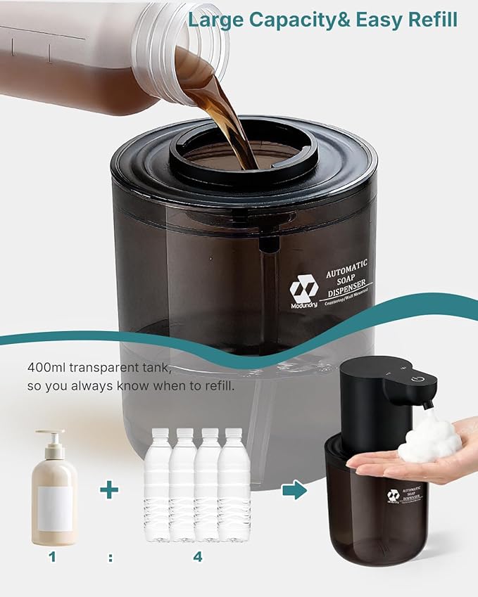 Automatic Foaming Soap Dispenser, 4-Level Touchless Hand Soap Dispenser, USB-C Rechargeable, Wall Mount or Countertop, 13.5oz/400ml, for Bathroom, Kitchen, Office, Hotel, Black