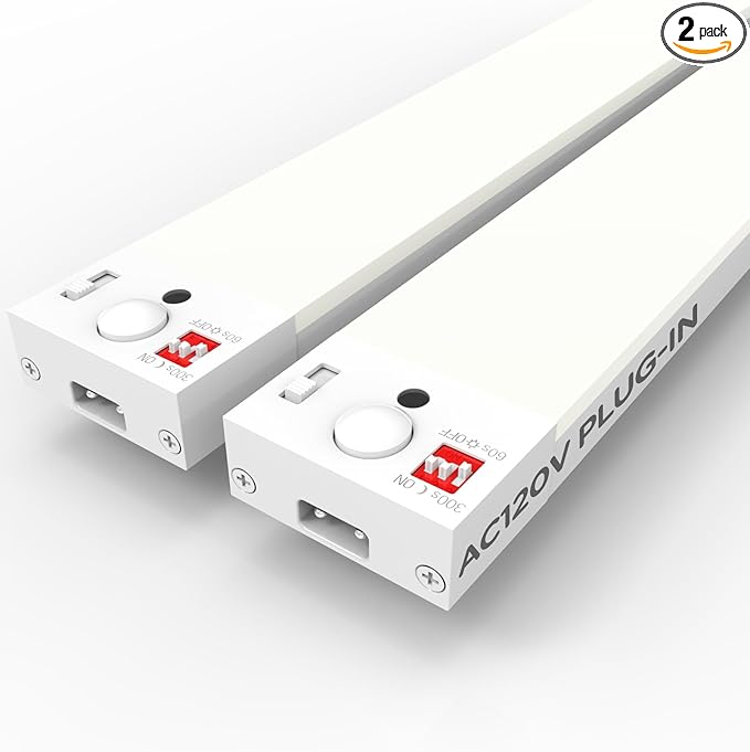 Under Cabinet Lighting Plug in 16in AC120V with Motion Sensor 3000K/4000K/5000K, Super Bright, Linkable Under Counter Light for Kitchen, Shelf, Sink, Closet, Aluminum White 2Pack