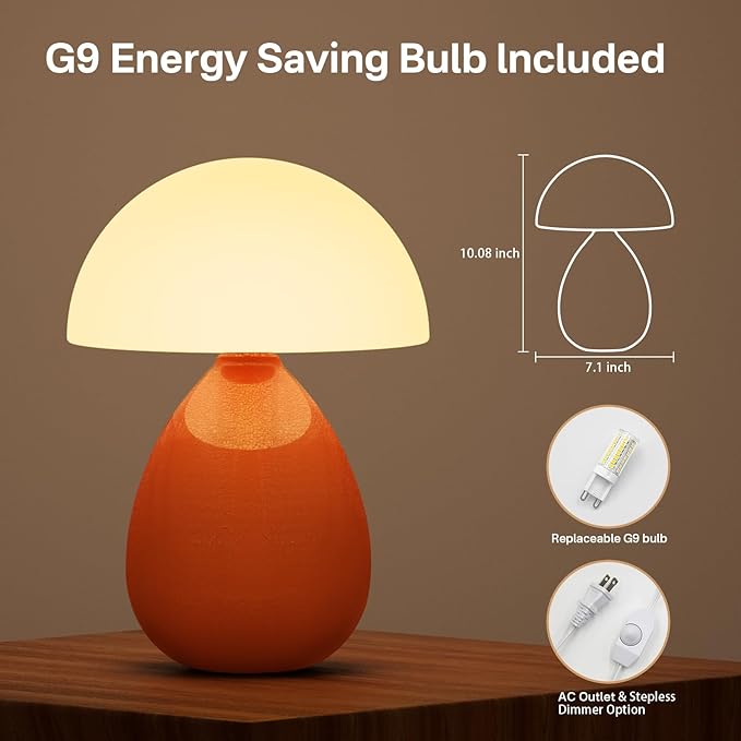 Dawnwake Mushroom Lamp Table Lamp for Bedroom,Ice Crackle Desk Lamp Bedside Small Lamps for Living Room Night Stands,Table Lamps Cute Modern Mid Century Lamps (Orange-Ice Crackle)