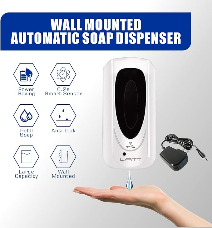 LATT Automatic Liquid Hand Sanitizer Dispenser Wall Mounted, Commercial Touchless Soap Dispenser, Refillable Sensor Hands-Free Dispenser for Hospital Hotel School Restaurant, 33oz/1000ml
