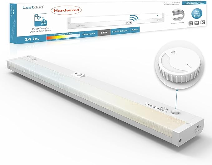 Leetdud LED Under Cabinet Lighting Motion Sensored Hardwired with Built-in Dimmer, 24 Inch 12W Dimmable 5 Color 2700/3000/3500/4000/5000K, Linkable Eyes Care for Kitchen, Counter, ETL Listed, White