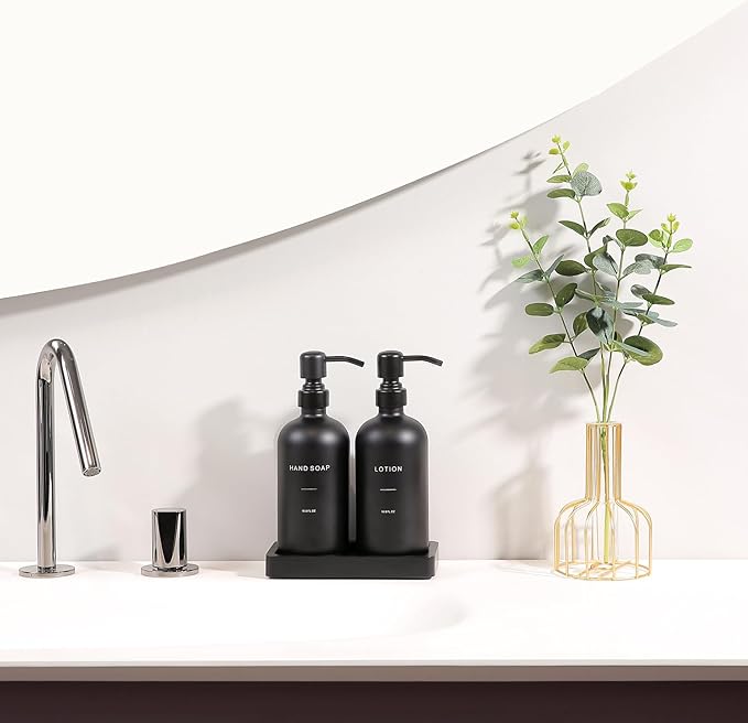 Prus Waso Black Soap Dispenser Bathroom Set, Soap and Lotion Dispenser Set with Stainless Steel Pump, Perfect for Bathroom Decor. (Black)