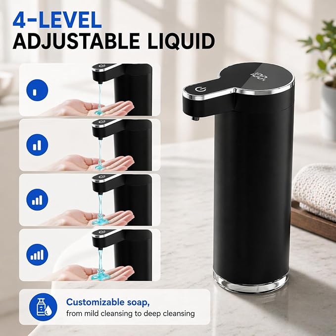 Automatic Liquid Soap Dispenser Touchless, Stainless Steel Hand Soap Dispenser, USB Rechargeable, 4 Adjustable Levels, 11.8oz/350ml for Kitchen and Bathroom (Black, Liquid)