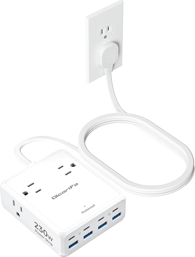 Olcorife 230W USB Power Strip with 5 FT Extension Cord, 4 AC Outlets 8 USB Ports(4 USB-C&4 USB A), 3 Sided Outlet Extender for Home Office Travel Dorm Room Essentials, White