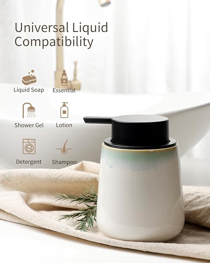 Bosilunlife Ceramic Bathroom Soap Dispenser - 12Oz Bathroom Countertop Kitchen Dish Soap Pump Dispenser Liquid Soap Dispenser - Matte White with Blue-Green Rim
