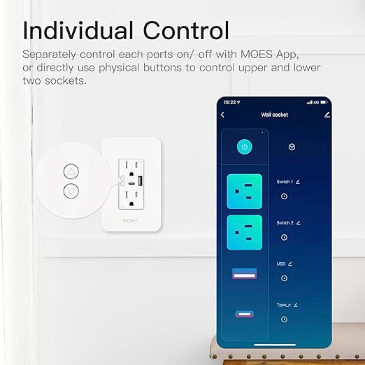 MOES Smart USB Wall Outlet Receptacle with Type-C & Type-A Charger, 2.4GHz Wi-Fi in-Wall Plug Socket, Remote Individual Control On/Off 15Amp, No Hub Required