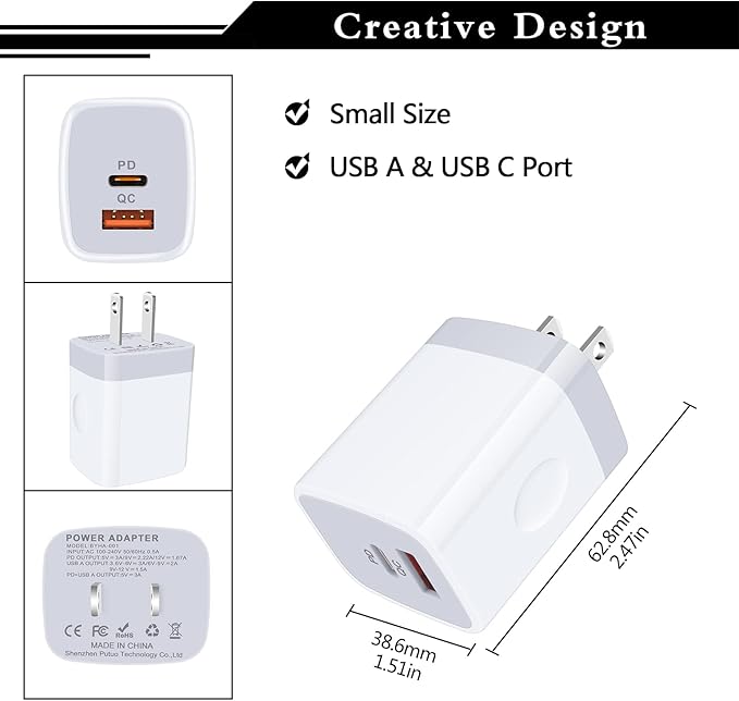 USB C Power Adapter,3Pack 20W 2 Port PD&QC 3.0 Type C Fast Charging Block Wall Charger Compatible for iPhone 17 16e 16 15 14 13 12 11 Pro Max,SE,iPad,8 7 Plus,Samsung Galaxy S21 S20 S10 Plus,Pixel 9 8