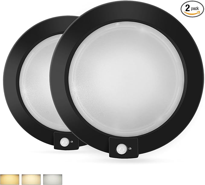 ECOELER Motion Sensor Ceiling Light, 3CCT Selectable Motion Detector Disk Lights with Time Countdown & Light Sensor, Hard-Wired Occupancy Light for for Hallway, Stair, Closet, Black, 2 Pack