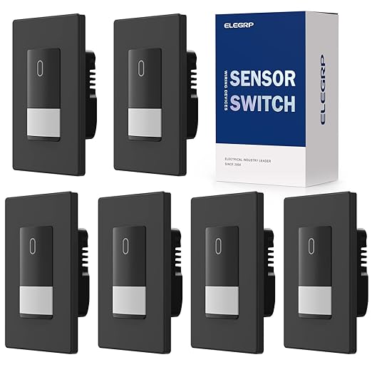 ELEGRP Occupancy Motion Sensor Light Switch, PIR Infrared Motion Activated Wall Switch, No Neutral Wire, Single Pole for CFL/LED/Incandescent Bulb, Wall Plate Included, UL Listed (6 Pack, Matte Black)