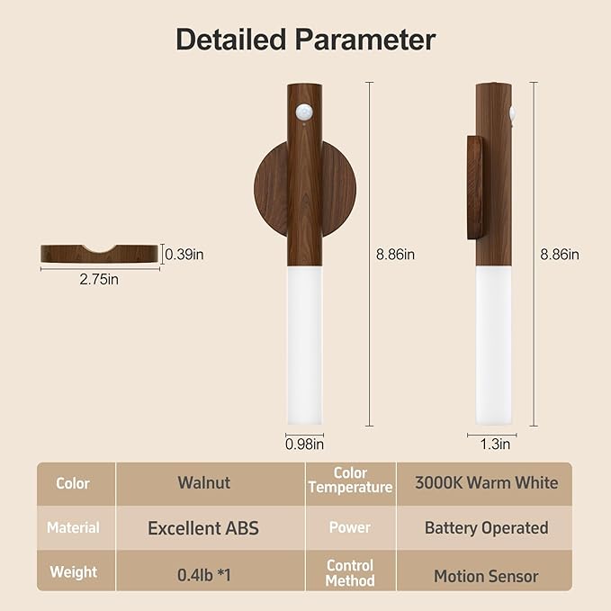 WhitePoplar Battery Operated Wall Sconce Set of 2 - Rechargeable Motion Sensor Night Lights, 2200mAh Wireless Wall Lights Sconce, Magnetic Portable Hallway Light for Kitchen Stair Cabinet, 3000K