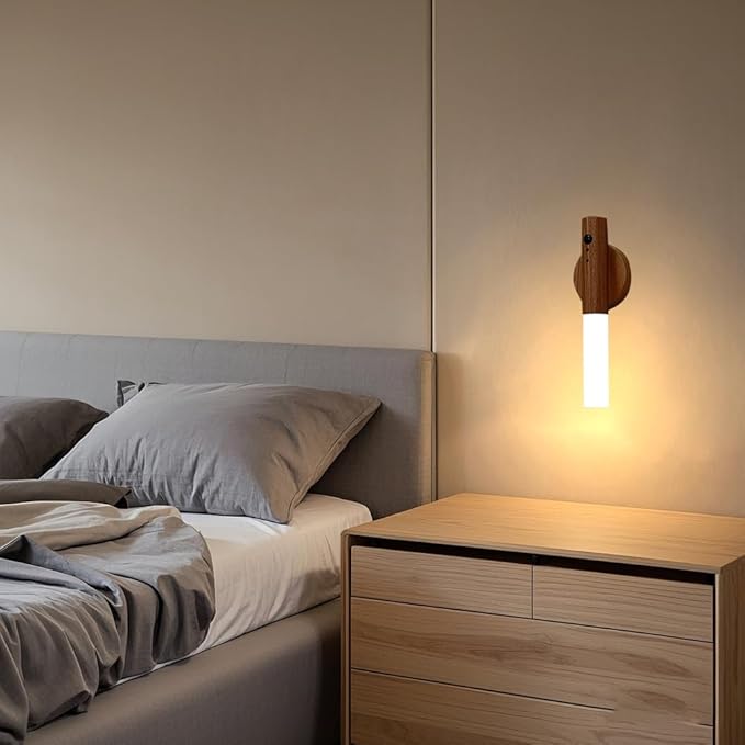 LANDGOO 2 Pack Walnut Night Lights with Motion Sensor & RGB Touch Control | USB-C Rechargeable Wood Wall Sconces Set for Bedroom Pair, Hallway, Staircase, Bathroom Vanity (Luxury Bundle)