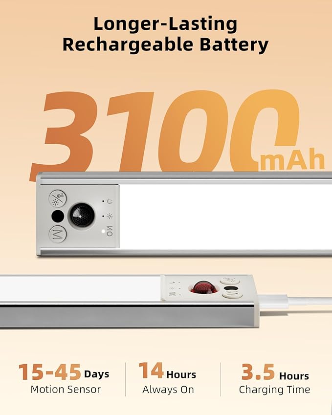 EZVALO 12inch Under Cabinet Lighting, Rechargeable Motion Sensor Light Indoor with 3 Color Temperatures, Dimmable & Magnetic Closet Lights, Wireless Under Counter Lights for Kitchen, Stairs (2 Pack)