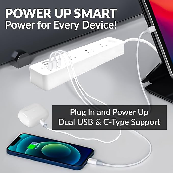 WBM Smart Power Strip 5.9 ft 10 A, Extention Cord Socket with 2 USB Ports and 1 Type C Plug, ETL Certified, Multi Outlet Extender for Home, Office, and Dorm Room