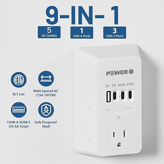 Electrical Outlet Extender with USB Ports (3C1A), Snug Wall Outlet, Surge Protector, Wall Plug Adapter for Multiple Devices, Wall Socket Expander