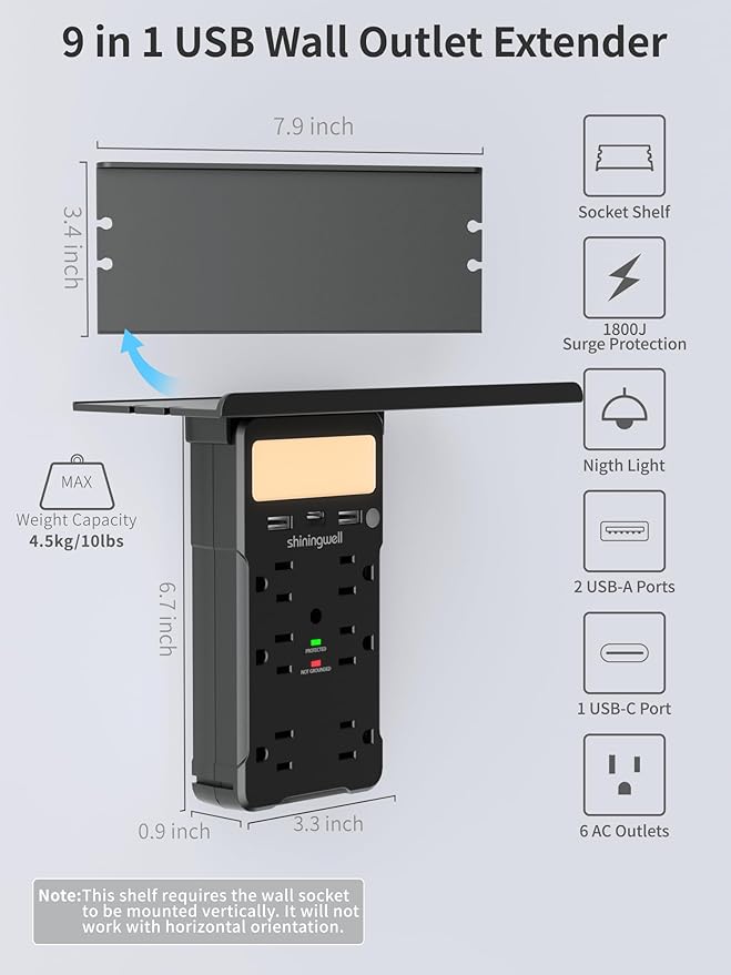 Wall Outlet Extender with Shelf and Night Light, Surge Protector with 3 USB Ports (2A+1C) and 6 AC Outlets, Multi Plug Power Strip Electric Outlet Splitter for Home and Office Use, Black