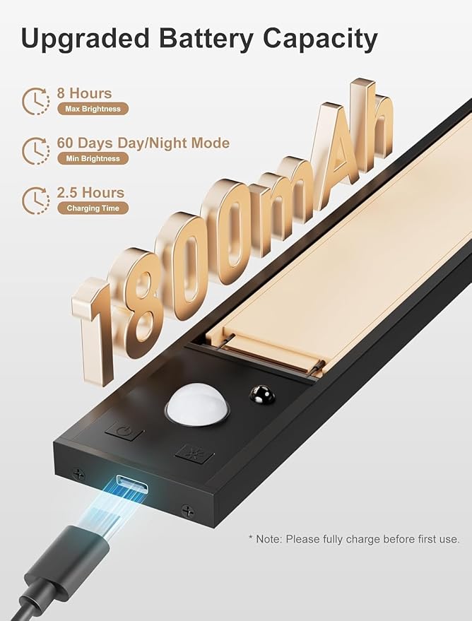 8inch Rechargeable under cabinet lighting ,56 LED -3 Color& 7 Levels Motion Sensor Light Indoor,1800mah Dimmable Magnetic Cabinet Lights, Punch-Free smart Sensor Magnetic Rechargeable led Lights