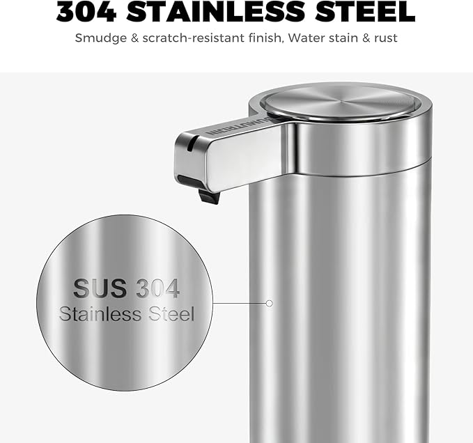Touchless Automatic Soap Dispenser Wall Mount Stainless Steel with Sensor Infrared 9 oz Electric IPX5 Waterproof USB-C Charging Motion Sensor for Kitchen & Bathroom (Silver)