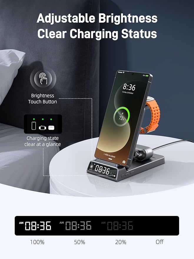 Wireless Charger for Samsung Charging Station with Clock for Samsung Galaxy S25 Ultra/S24/Z Flip 7/Fold 6/Bud, Watch Charger for Samsung Galaxy Watch 8/7/6/5, 3 in 1 Foldable Charging Station (Grey)