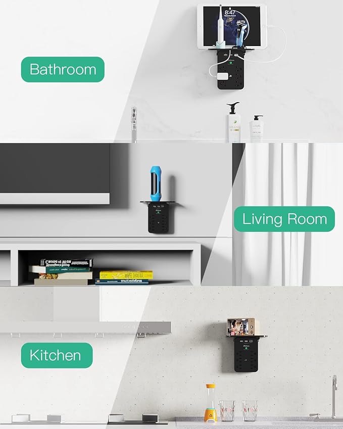 Wall Outlet Extender with Shelf, Surge Protector 6 AC Multi Plug Outlet, 3 USB Charger Station Splitter Expander for Home Bathroom, Black