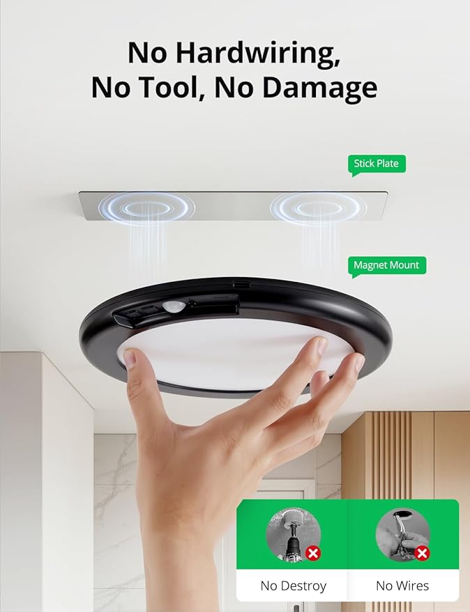 Bojim Rechargeable Motion Sensor Wireless Closet Ceiling Light 6000mAh Battery Powered, Magnetic Fixture Shower Lights with Remote Dimmable Timing for Laundry Bathroom Black