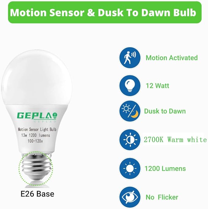 4 Pack Motion Sensor Light Bulbs,12W (100W Equivalent), Motion Activated Dusk to Dawn A19 E26 LED Bulb, Glass-Penetrating Sensor, Upward/Downward Mounting, Indoor & Outdoor for Garage, Porch, Hallway