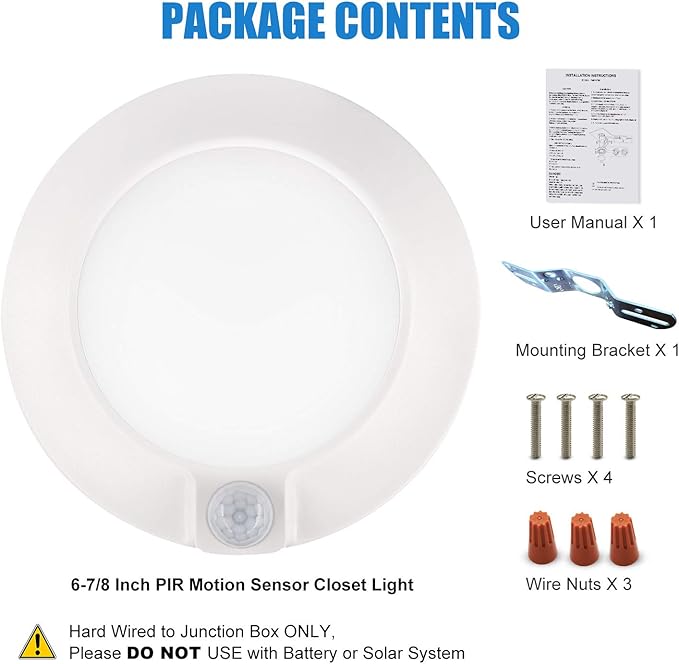 Closet Lights Motion Sensored Indoor Ceiling Mount LED- 10W 3000K Closet Stair Porch Ceiling Pantry Motion Activated Light, 6-7/8 Inch 90CRI 600lm Hardwire to Junction Box, No Battery, Damp Rated ETL