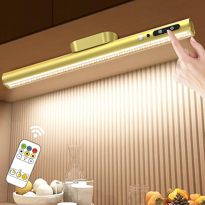 Hapfish Motion Sensor LED Light Bar Indoor, Rechargeable Under Cabinet Lighting Wireless, Magnetic Battery Powered Operated Wall Strip Lights with Remote Control for Picture Mirror Closet Room –Gold