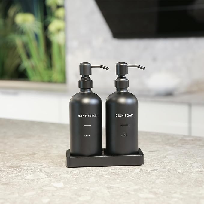 Prus Waso Matte Black Soap Dispenser Set, Kitchen Soap Dispenser Set with Black Stainless Steel Pump, Perfect for Kitchen Decor and Accessories. (Black)