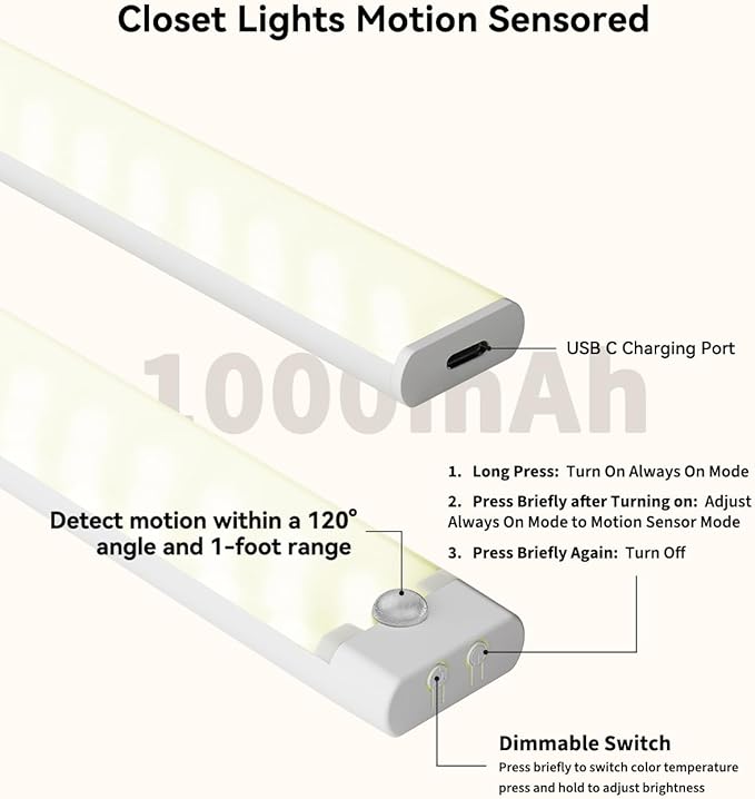 12 Inches Under Cabinet Lighting 6 Packs with 1 Charging Station, Rechargeable Motion Sensor Light Indoor, 3 Color Temps, Dimmable Closet Light Stick on, Under Counter Lights for Kitchen