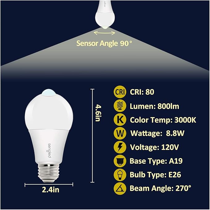 Sengled Motion Sensor Light Bulbs, A19 LED Dusk to Dawn Bulbs 3000K Soft White, Motion Activated Indoor Outdoor Light Bulbs 8.8W (60W Equivalent) 800 Lumens for Porch, Garage, Hallway, 2 Pack
